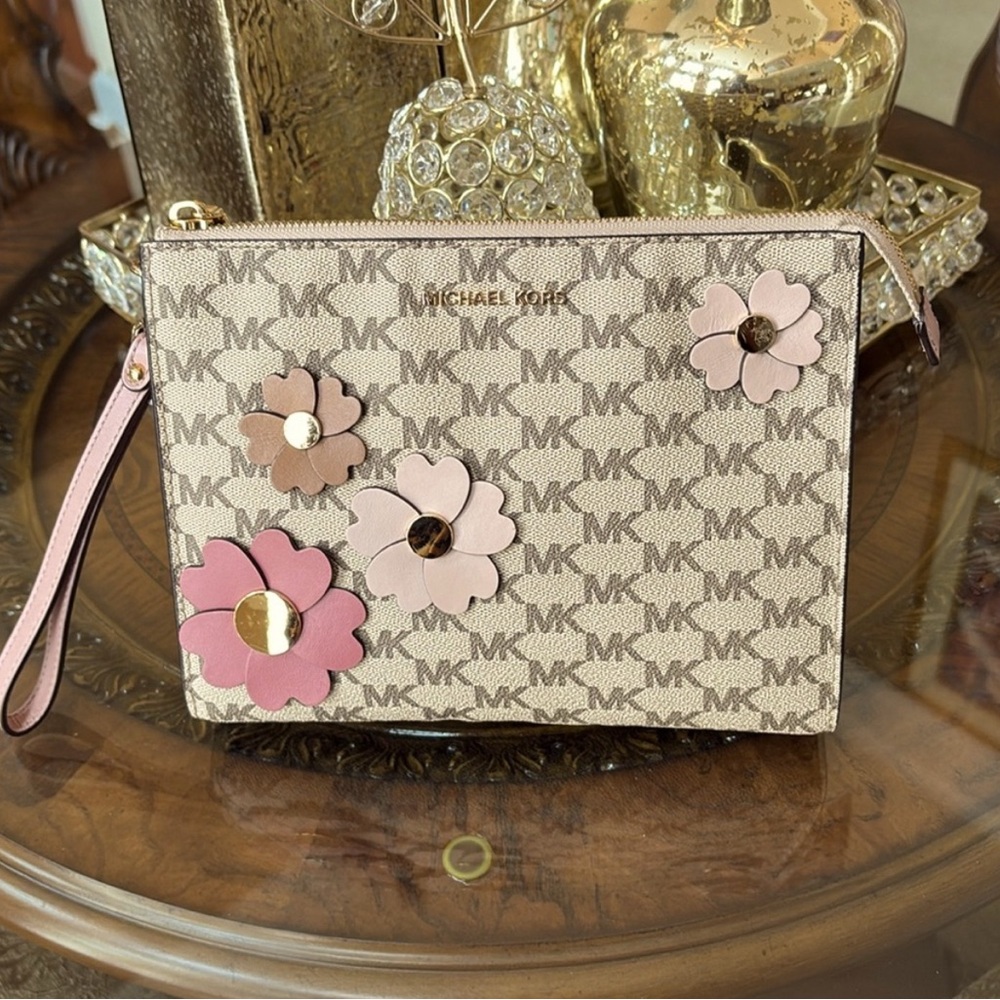 Michael Kors Beige and Pink Floral Wristlet